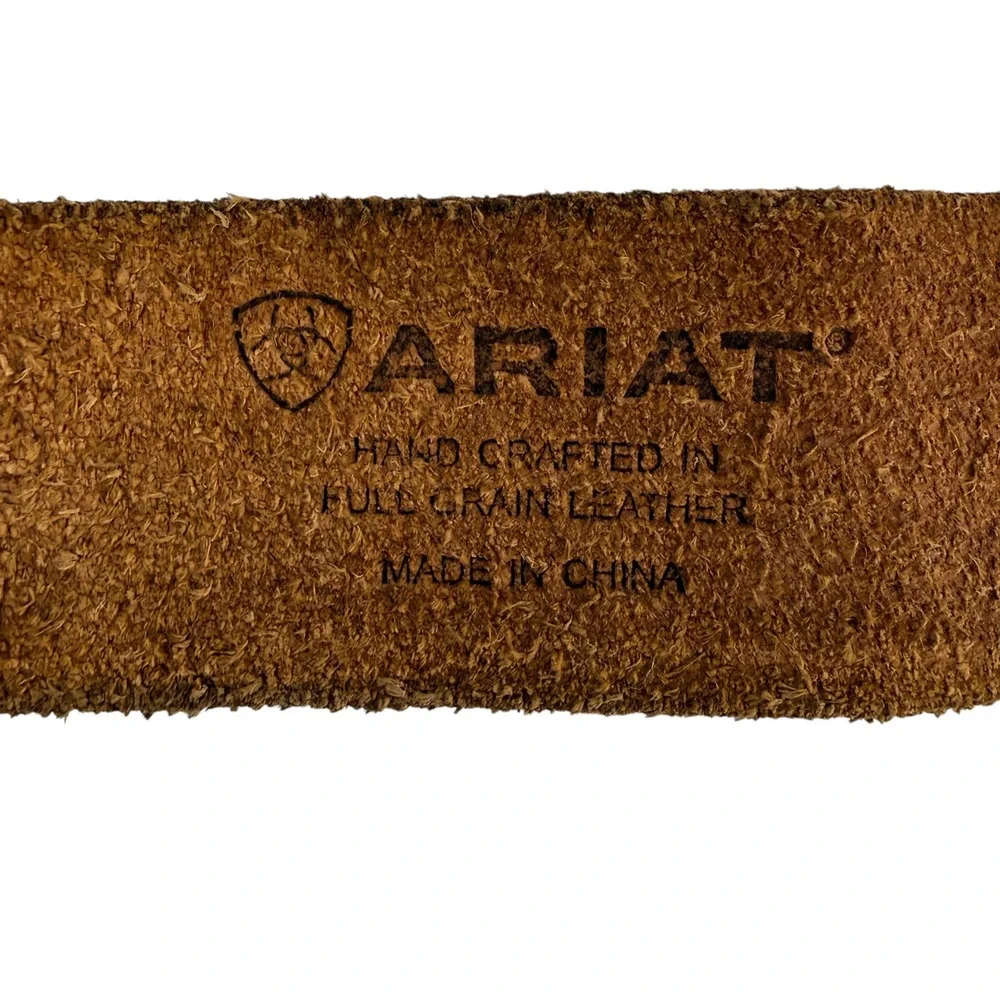Ariat Brown Tooled Leather Peace Sign Rhinestone Buckle Belt women size 28